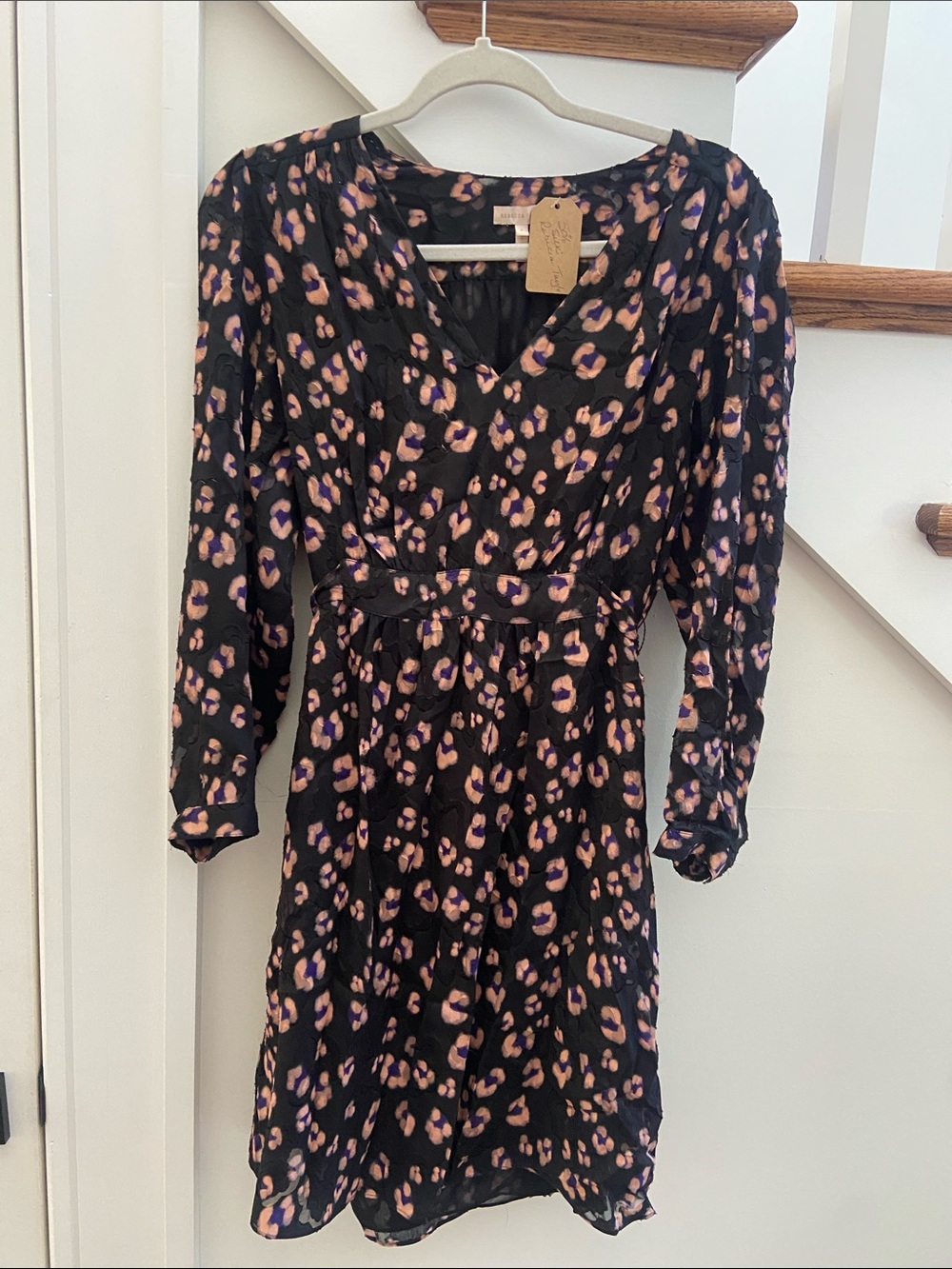Rebecca Taylor Black Long-Sleeve V-Neck Dress with Pink and Purple Leopard Print